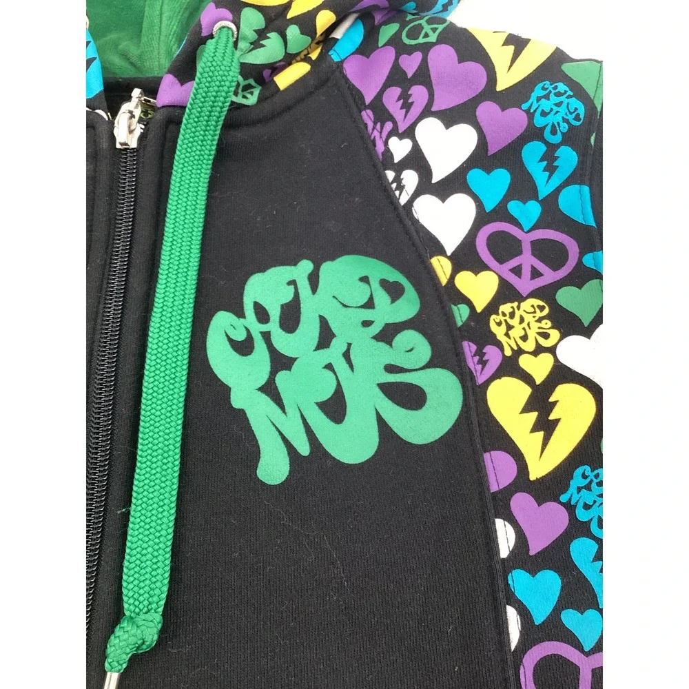 Akumu Ink Womens Black Heart Peace Print Zip Up Hoodie Velvet Lined Hood Large